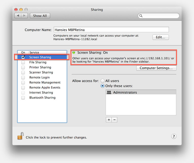 MacOS X - Enable build in VNC Server