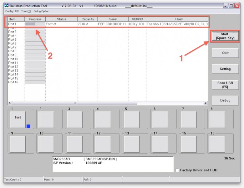 Select your Apple USB Restore stick [1] and click the Start button [2]