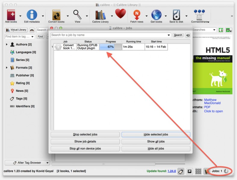 calibre - Conversion in progress and monitor window