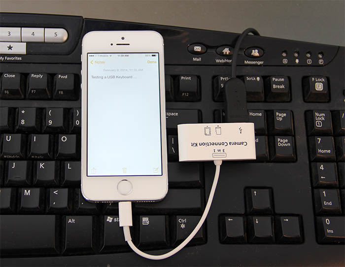 Camera Connection Kit (with USB port) allows the use of a USB Keyboard