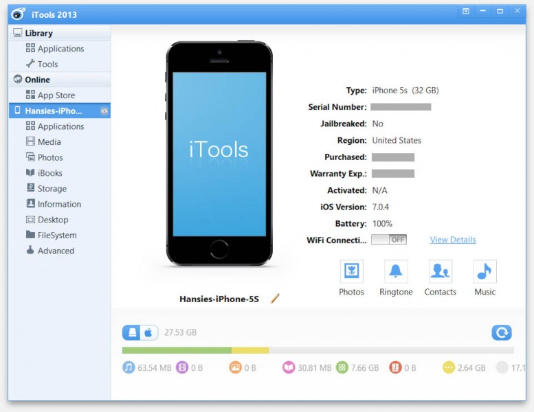 iTools (Windows) - iPad or iPhone properly connected with the USB cable