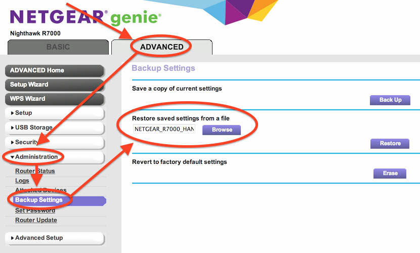 NetGear R7000 - restore previously saved settings