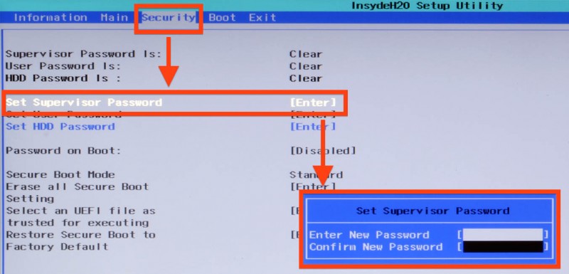 UEFI BIOS - Set Supervisor password (sometimes temporary needed)
