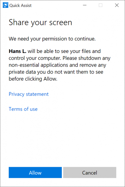 Quick Assist asking for permission