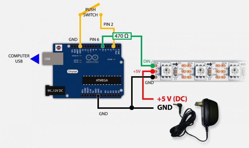 Arduino, LED strip, Switch and Power Supply setup