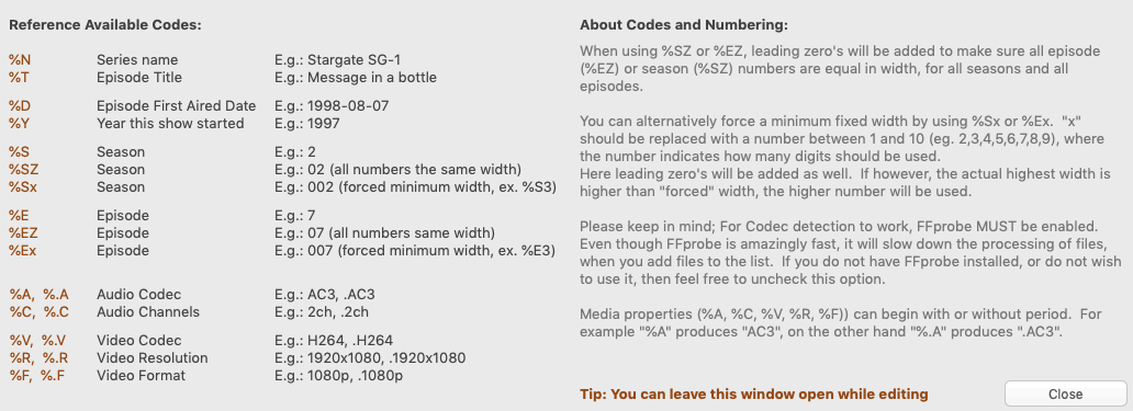 Rename My TV Series - Format Help window